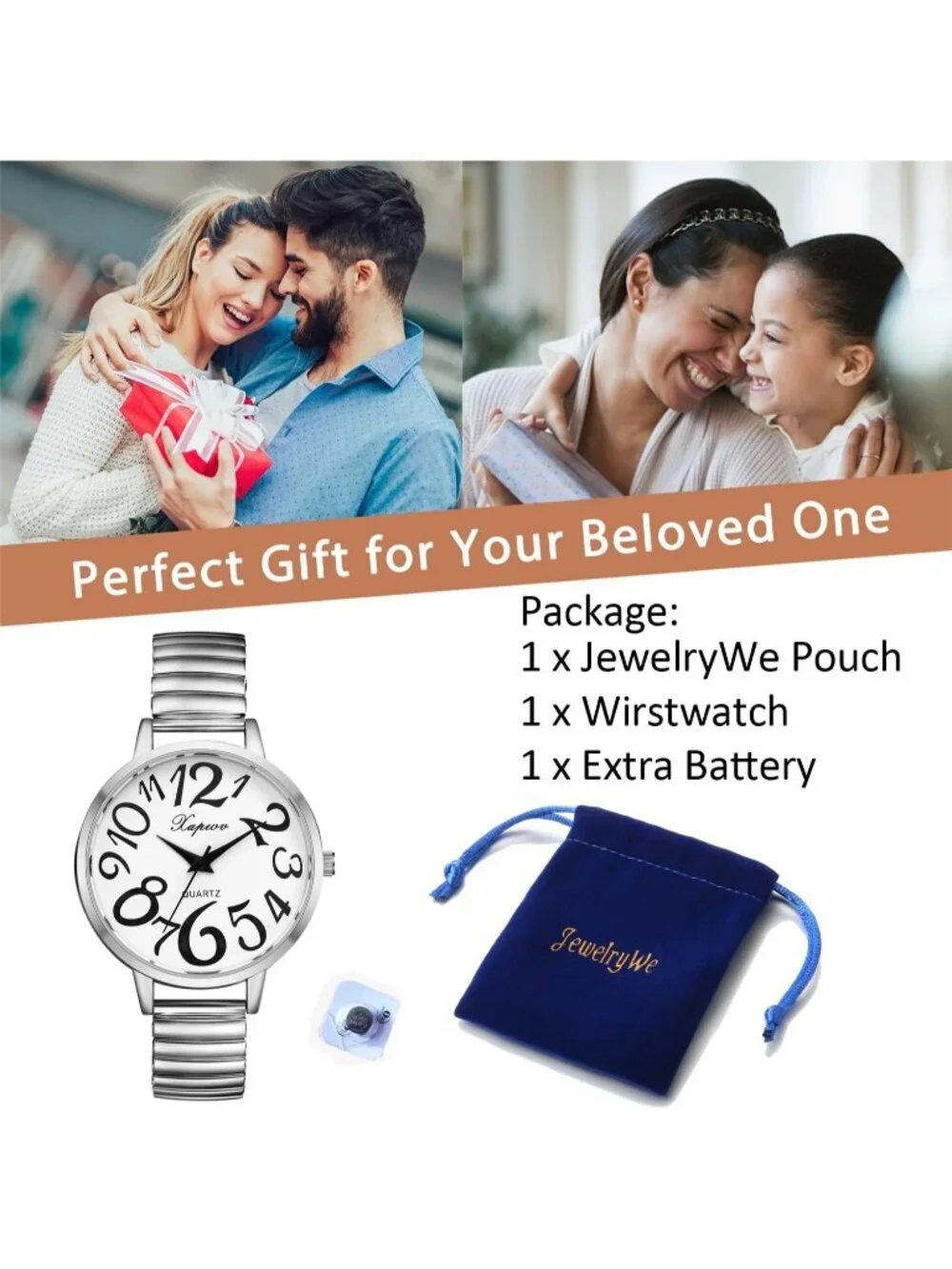 Women's Silver Analog Quartz Big Numbers Easy Reader Stretch Band Wrist Watch